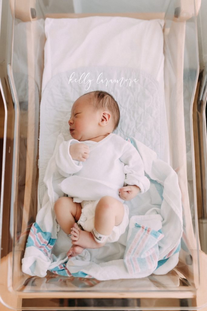 Newborn baby boy, baby in hospital bassinet, Missouri Baptist Medical Center, St Louis Fresh 48 Session