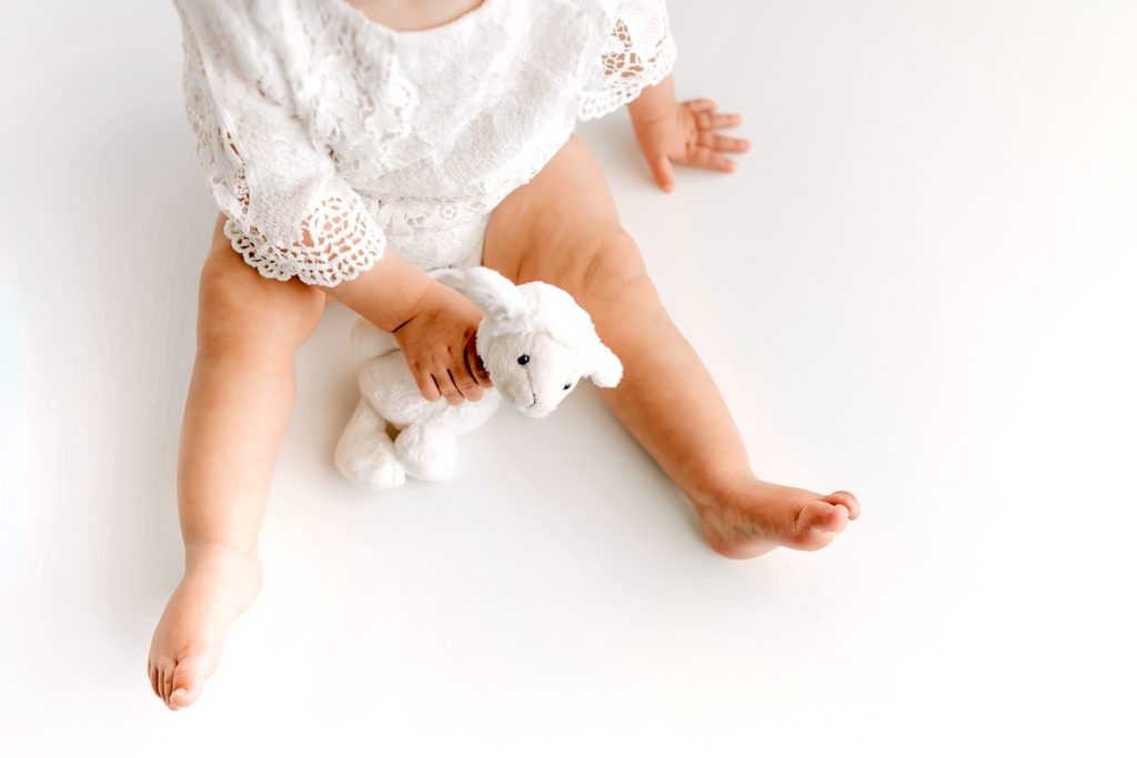 One year old holding their white lamb lovie during a photo shoot
