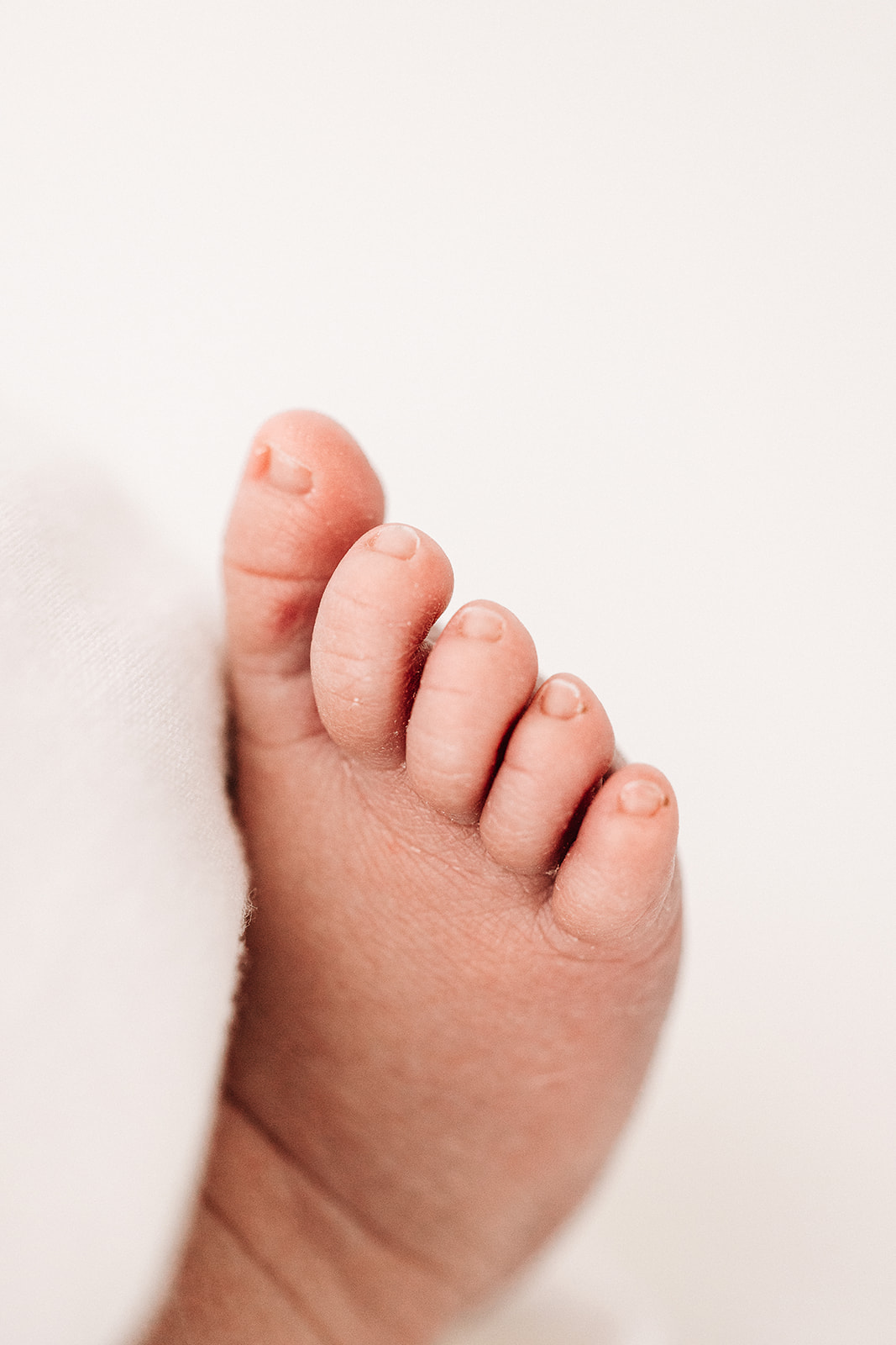 Details of toes of a newborn baby on a white bed